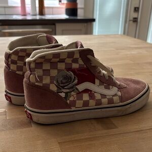 Vans Pink and Cream Checkerboard High-Top Sneakers with Rose Graphic